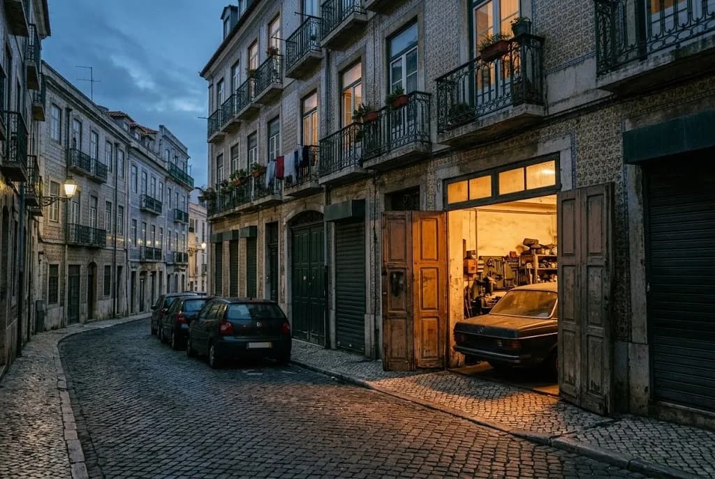 Rua estreita de Lisboa com portas de oficinas antigas, uma delas aberta e iluminada
