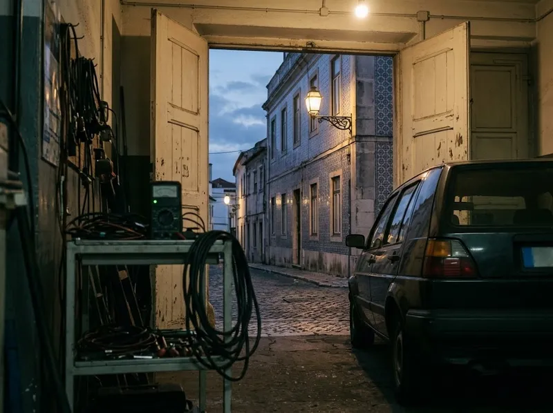 A porta da oficina aberta para a rua ao fim do dia