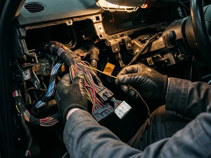 Feixe de cablagem de carro com fichas coloridas a ser seguido à mão