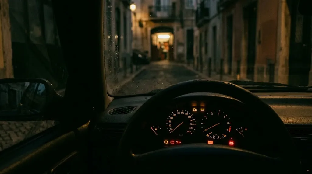 Painel de um carro à noite com luzes de aviso âmbar acesas no quadrante